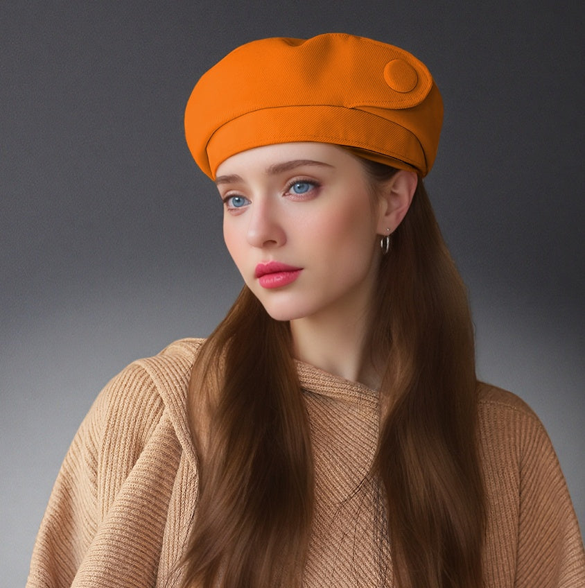 Orange satin button beret with side button detail and curved brim.