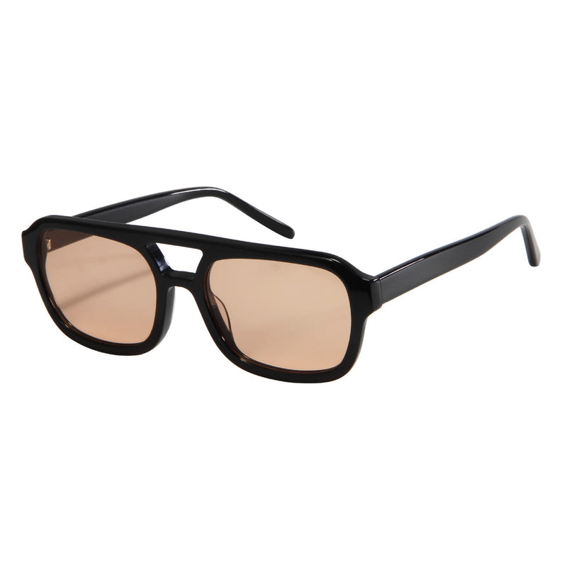 Black cat-eye sunglasses with peach tinted lenses and streamlined temple arms