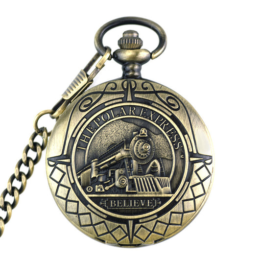 Bronze pocket watch with 'The Polar Express' design on a white background