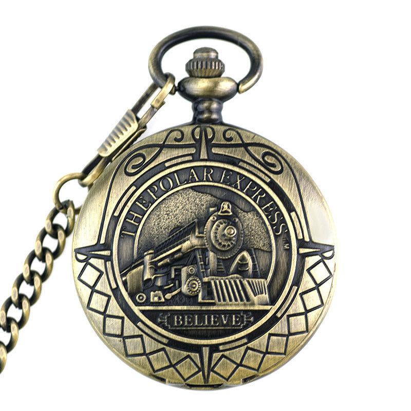 Antique gold flip pocket watch with engraved mechanical face, Roman numerals, and chain