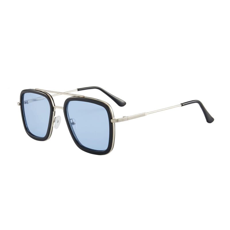 Unisex square-frame sunglasses with black frame, gold accents, light blue lenses