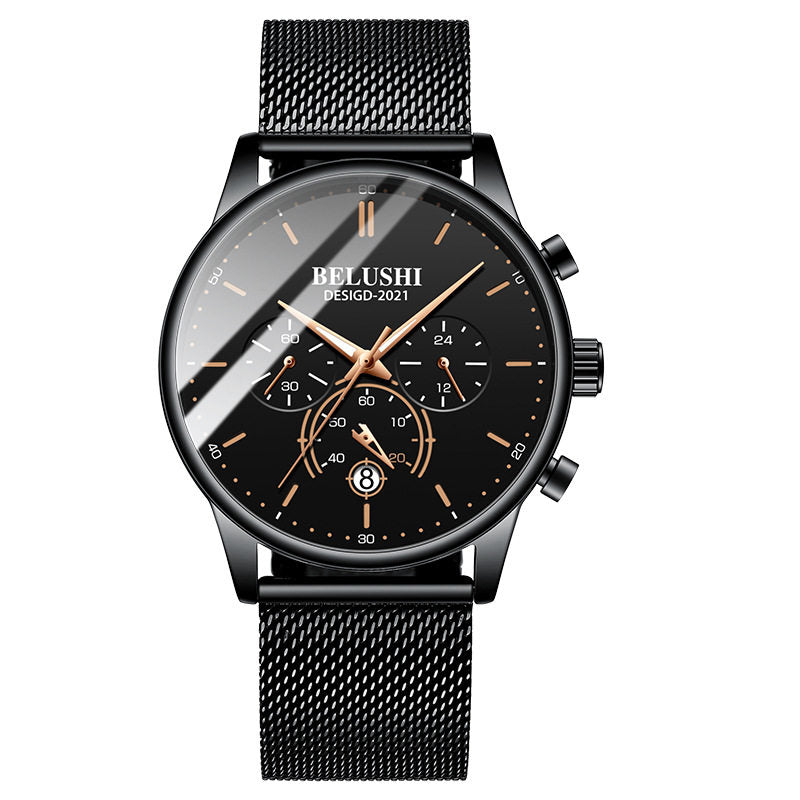 Black watch with a mesh band and red accents on a white background, featuring the brand 'BELUSHI'.