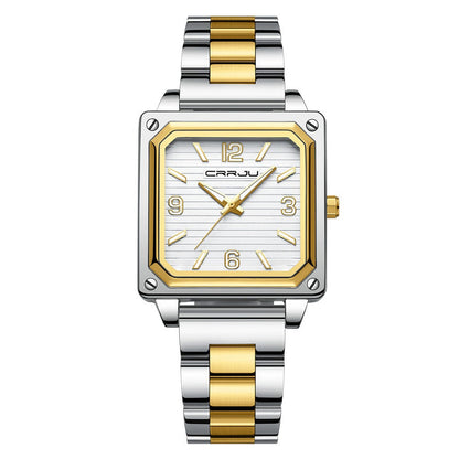 Unisex square waterproof quartz watch, silver-and-gold metal bracelet, light dial with gold markers