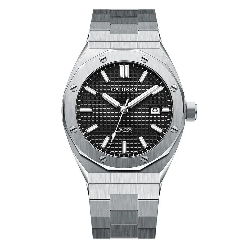 Stainless steel automatic mechanical watch with black dial and metal bracelet.