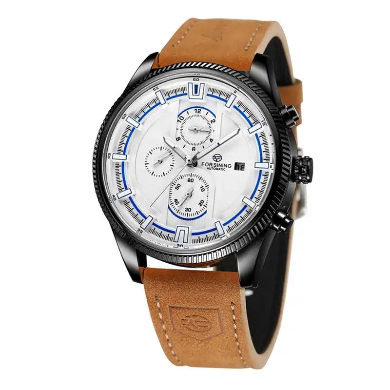 Watch with brown leather strap and white face on a white background