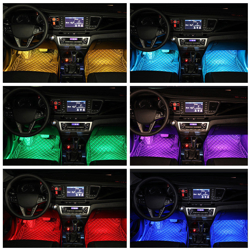 Collage of a car interior with LED floor lights in various colors. YAXSO UAE ONLINE STORE