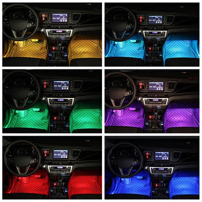 Collage of a car interior with LED floor lights in various colors. YAXSO UAE ONLINE STORE