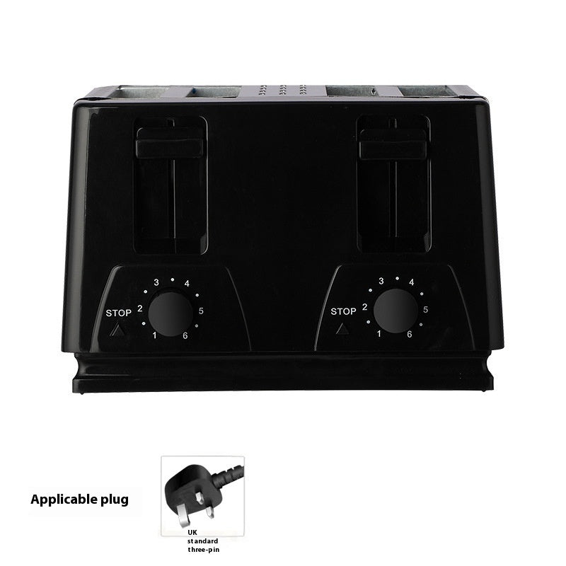 Black toaster with control knobs on a white background