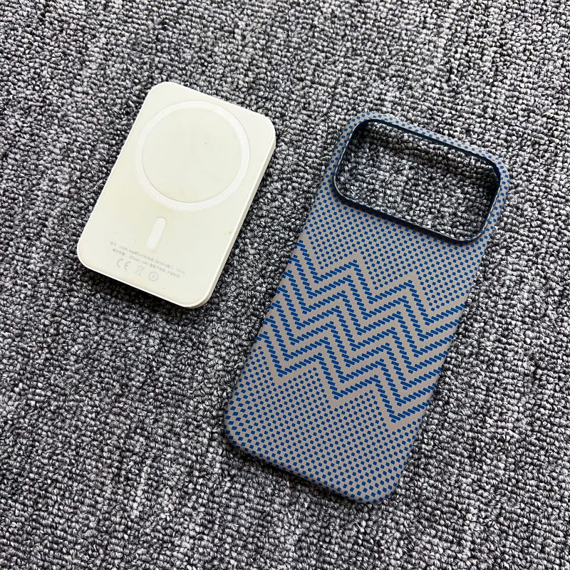 Magnetic iPhone case in light blue with zigzag chevron pattern and top camera cutout
