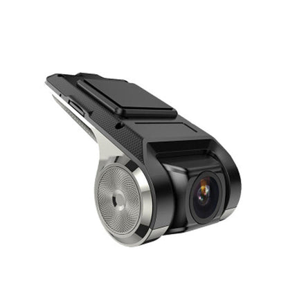 Black dash camera angled view with circular speaker grille and front lens