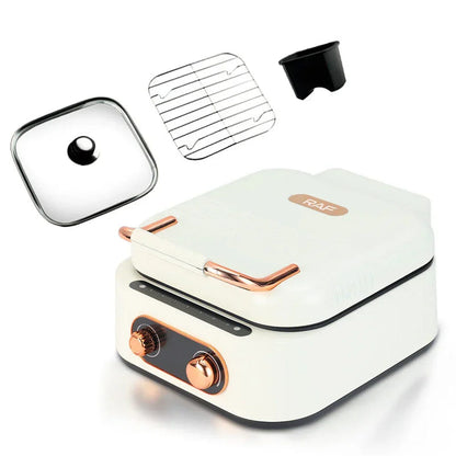 3-in-1 electric hot pot grill cooker with white lid, copper handle, and removable plates