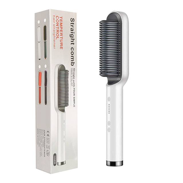 White ionic hair straightening brush with comb-style bristles and retail box