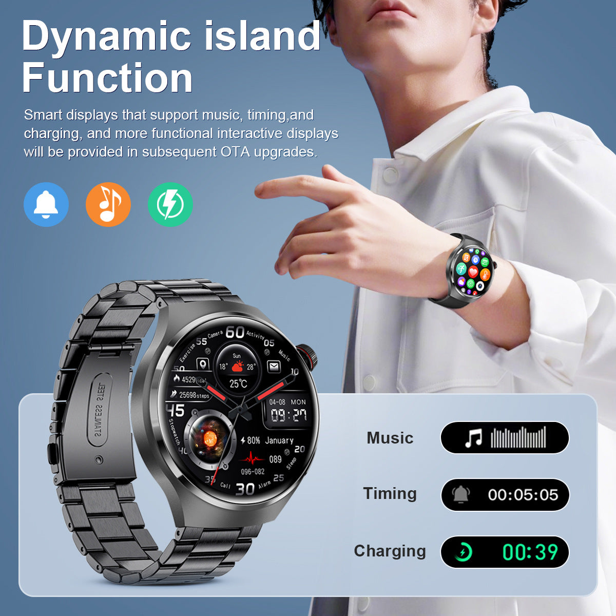 Round smartwatch with black metal link band and colorful heart-rate screen