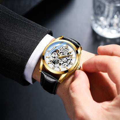 Mechanical watch on wrist with black leather strap and gold case detail.