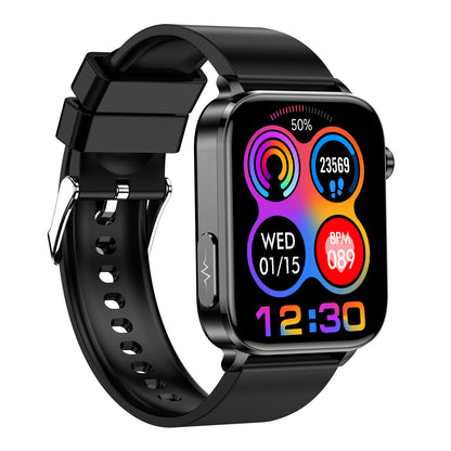 Bluetooth calling smart watch with black silicone strap, multicolor fitness watch face