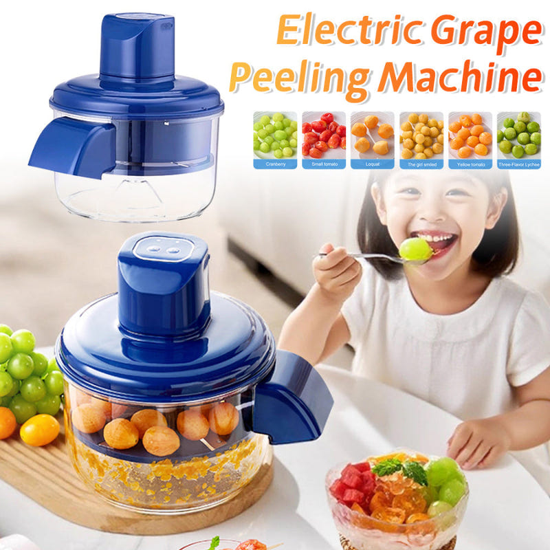 Blue electric grape peeler with clear container and dome lid, shown with mixed grapes