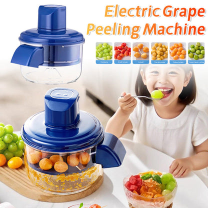 Blue electric grape peeler with clear container and dome lid, shown with mixed grapes