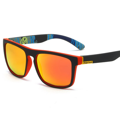 Sunglasses with orange lenses and black frame on a white background
