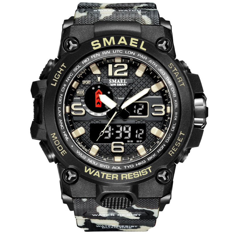 Smael watch with camouflage band on a white background