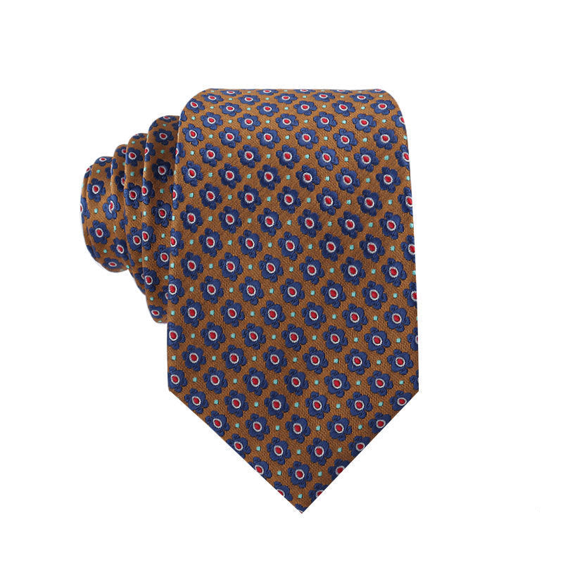 Patterned tie with a geometric design on a white background