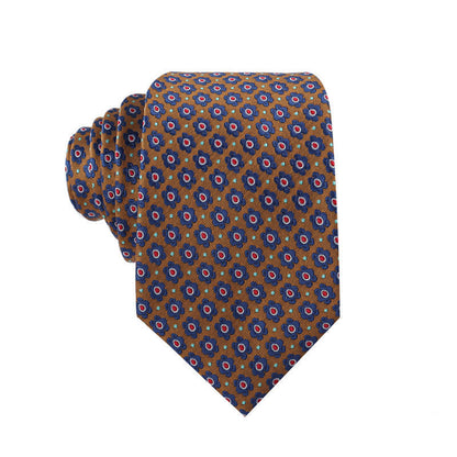 Patterned tie with a geometric design on a white background