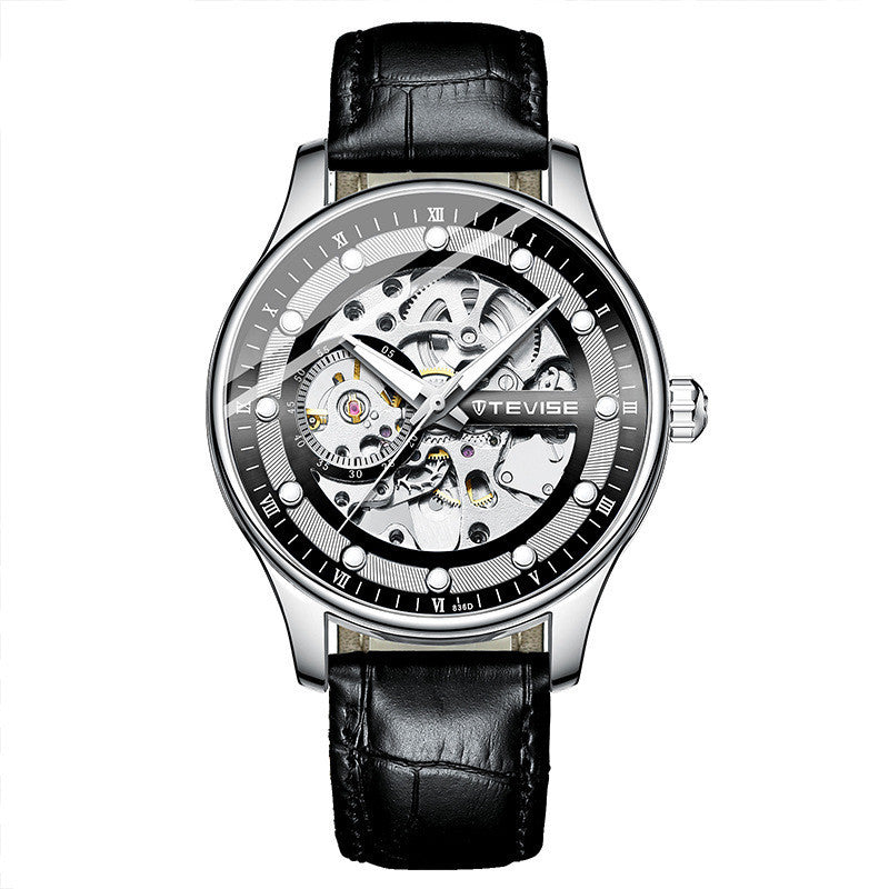 Black wristwatch with visible mechanical components on a white background