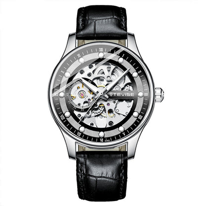 Black wristwatch with visible mechanical components on a white background