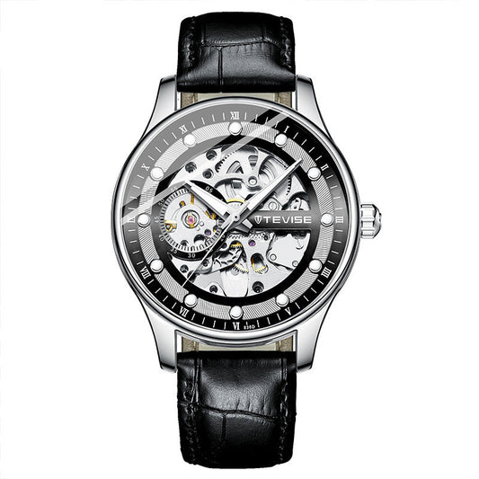 Black wristwatch with visible mechanical components on a white background