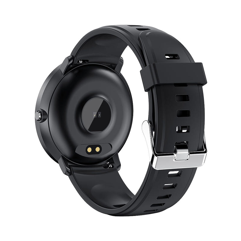 Smart watch with black silicone band and round black touchscreen display