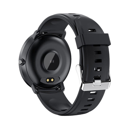 Smart watch with black silicone band and round black touchscreen display