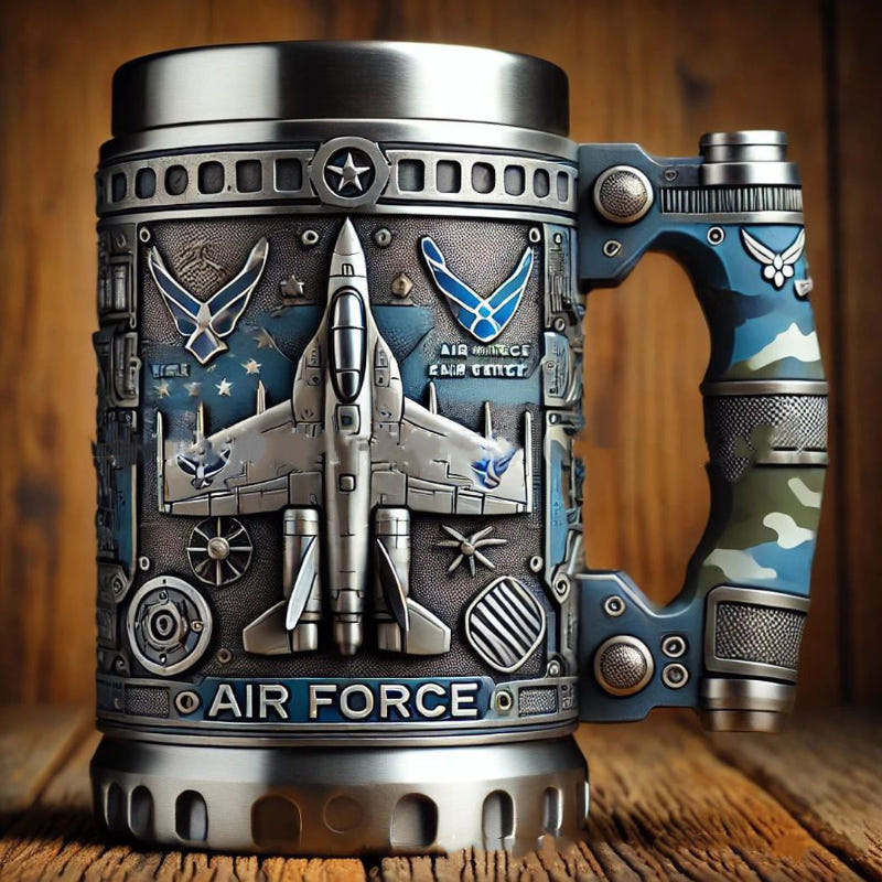 Air Force themed metal travel mug with blue camo band and aircraft/rocket graphics