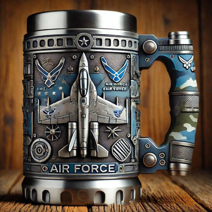 Air Force themed metal travel mug with blue camo band and aircraft/rocket graphics