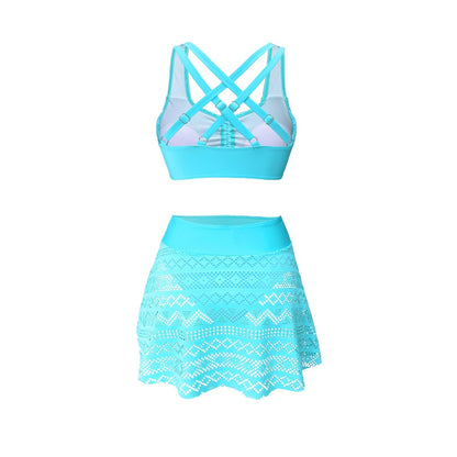 Blue sports bra and skirt set on a white background