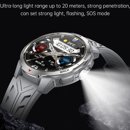 Silver smart watch with round digital display and textured gray/black sport strap