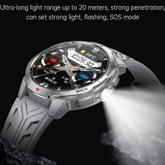 Silver smart watch with round digital display and textured gray/black sport strap