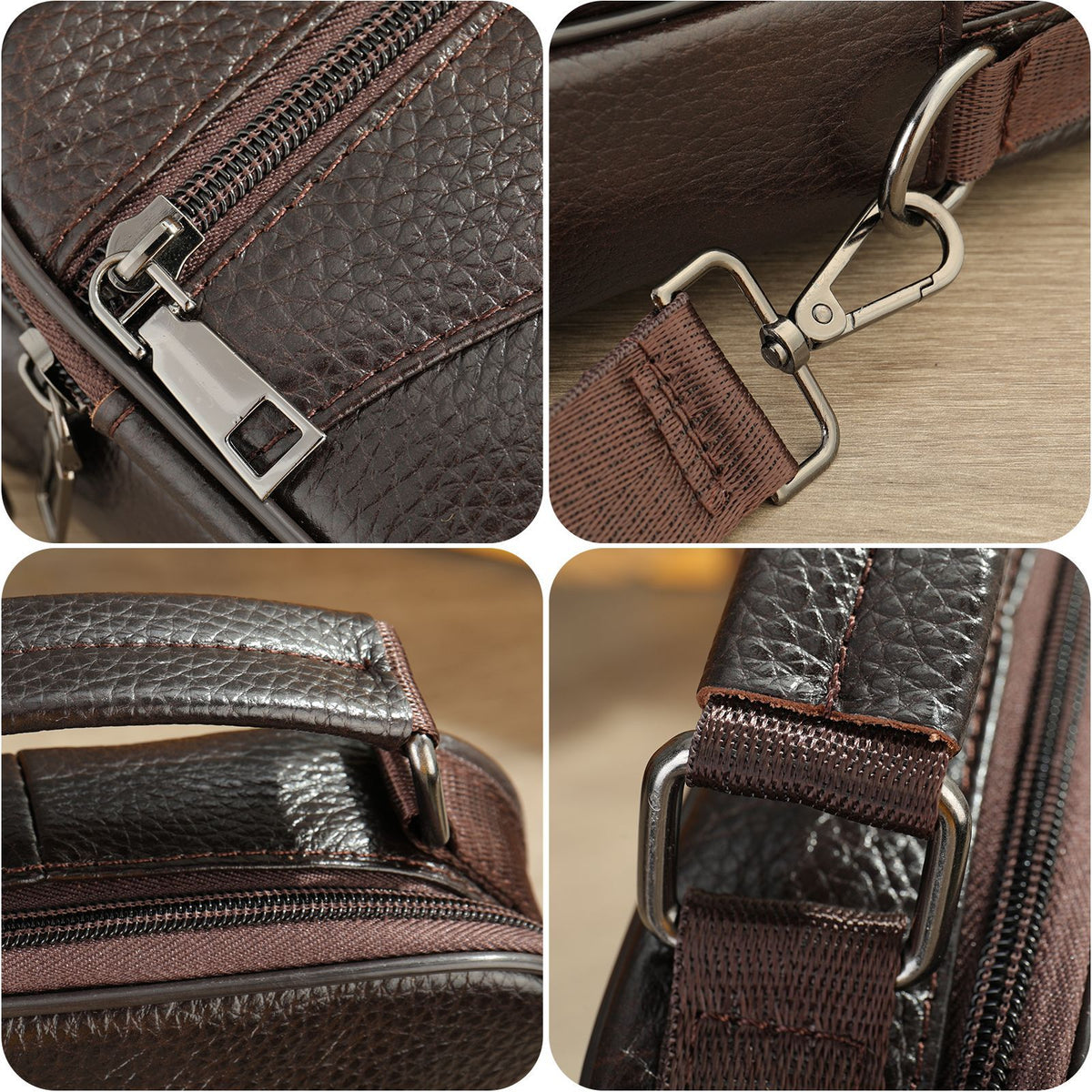 Men's genuine leather crossbody bag close-up, textured leather with metal clasp and zippers