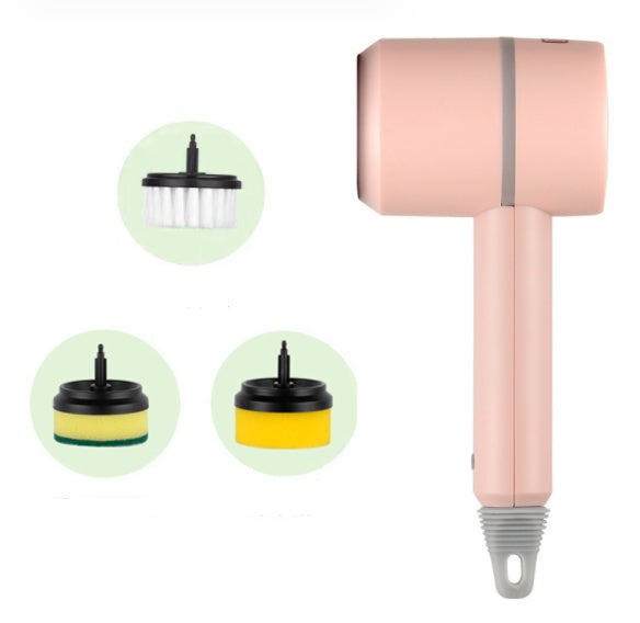 Pink hair dryer with attachments on a white background