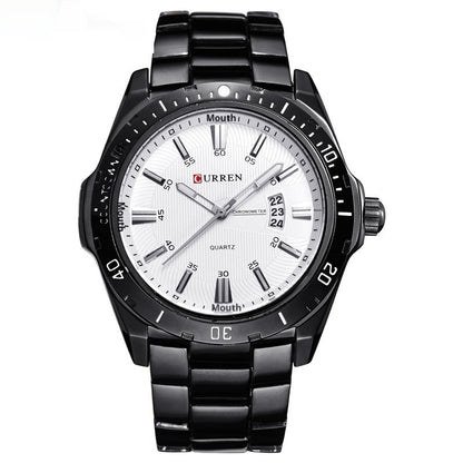 Black wristwatch with a white face on a white background