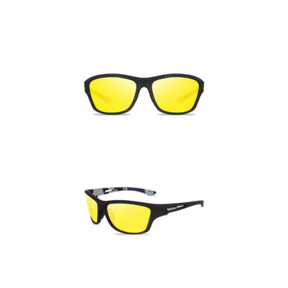 Sunglasses with yellow lenses and black frames, shown from front and side views on a white background.