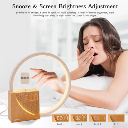 Woman in bed with an alarm clock and text about snooze and screen brightness adjustment.