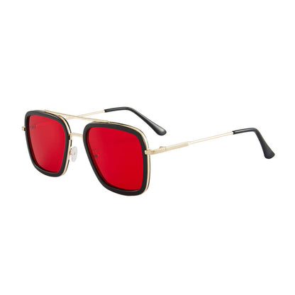Unisex square-frame sunglasses with black frame, gold accents, red lenses