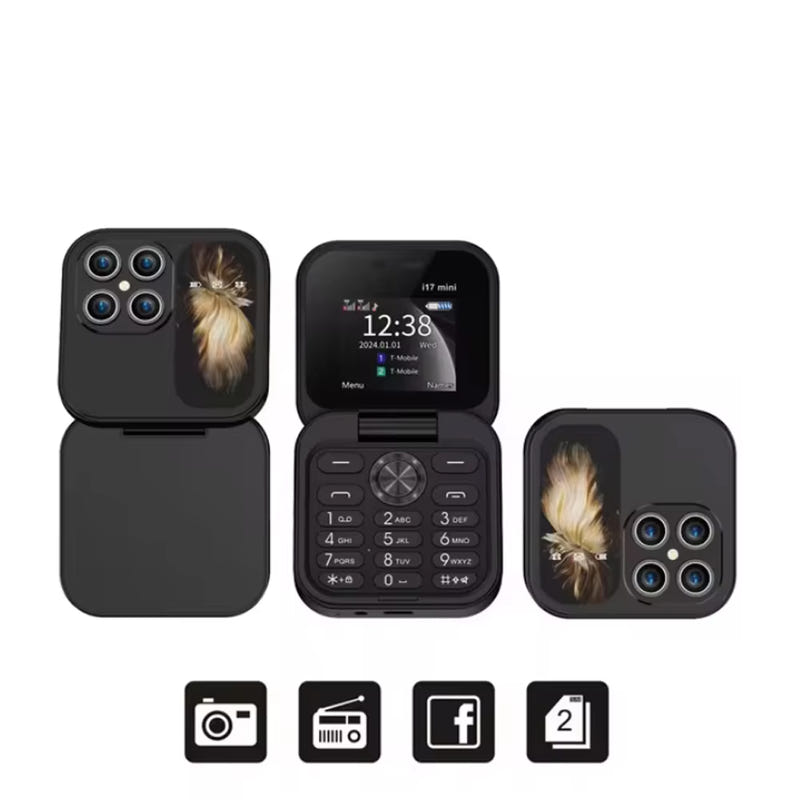Cool night black flip phone case with dual cameras and built-in keypad display