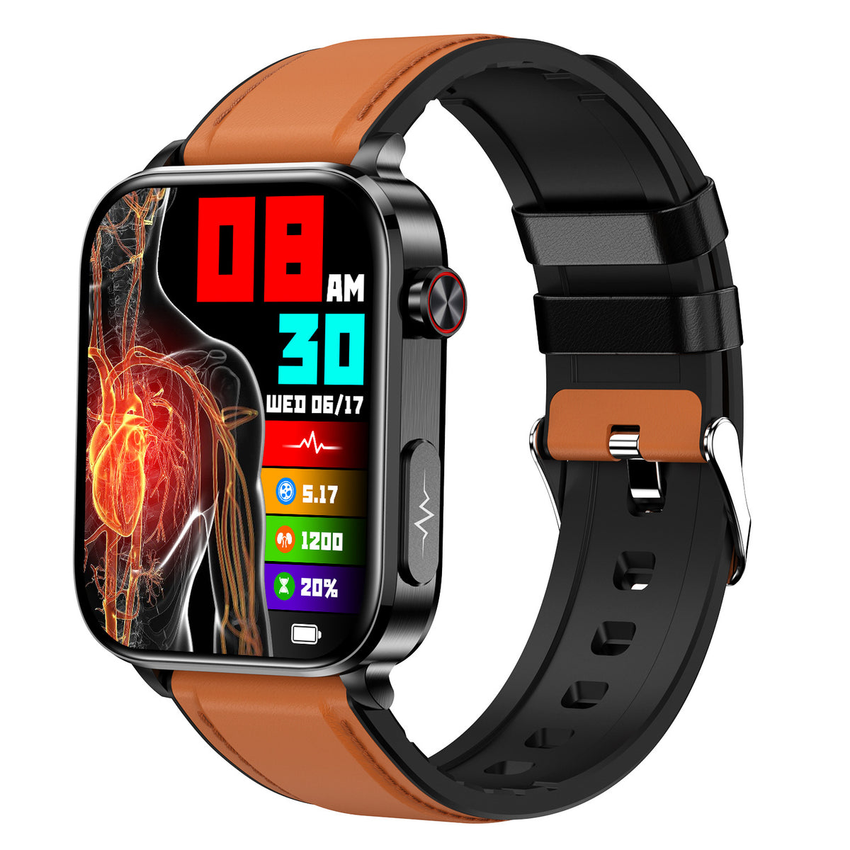Bluetooth calling smart watch with brown leather strap, red medical watch face