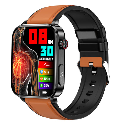 Bluetooth calling smart watch with brown leather strap, red medical watch face