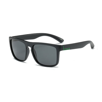 Black sunglasses with a green logo on a white background