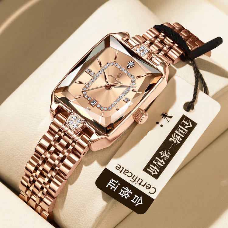 Women's waterproof quartz watch with rose-gold metal bracelet and light-blue jeweled square dial