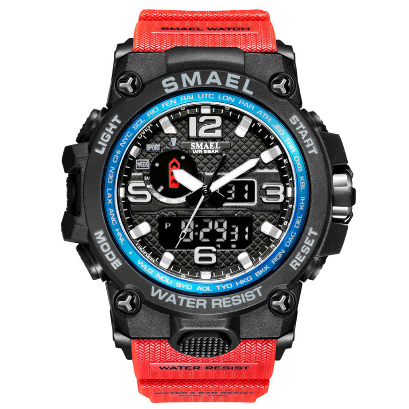 SMAEL watch with red strap and black dial on a white background