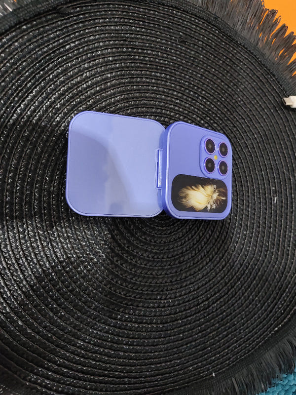 Lavender flip phone case with dual cameras and card pocket open