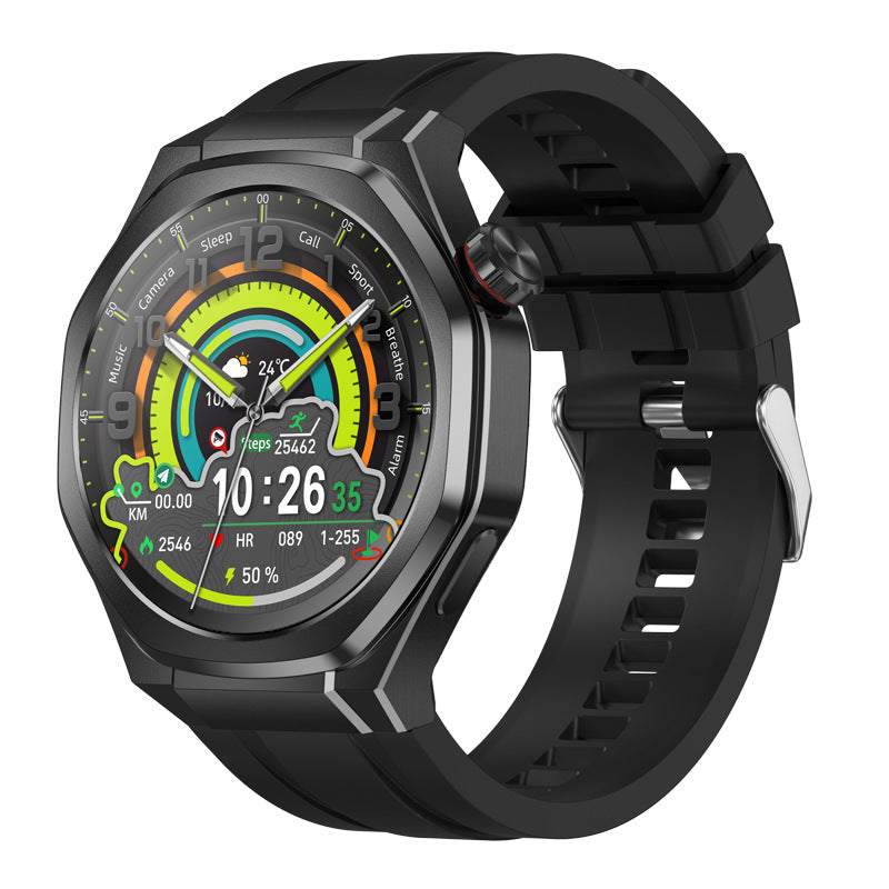 Black smartwatch with a colorful display on a white background