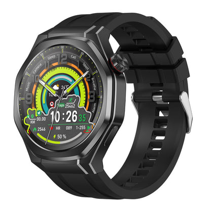 Black smartwatch with a colorful display on a white background